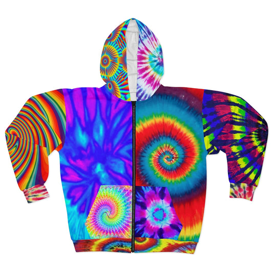 tie dye color-block zip hoodie